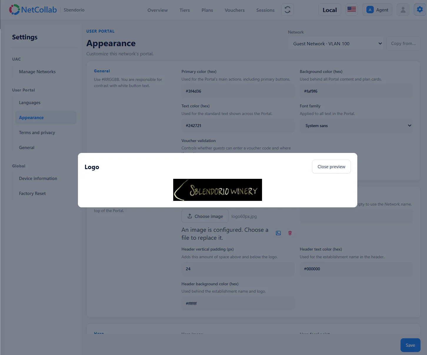 Einstellungen für das Erscheinungsbild des Portals mit geöffnetem Vorschaudialog für das Logo des Weinguts über den Farb- und Kopfzeileneinstellungen.