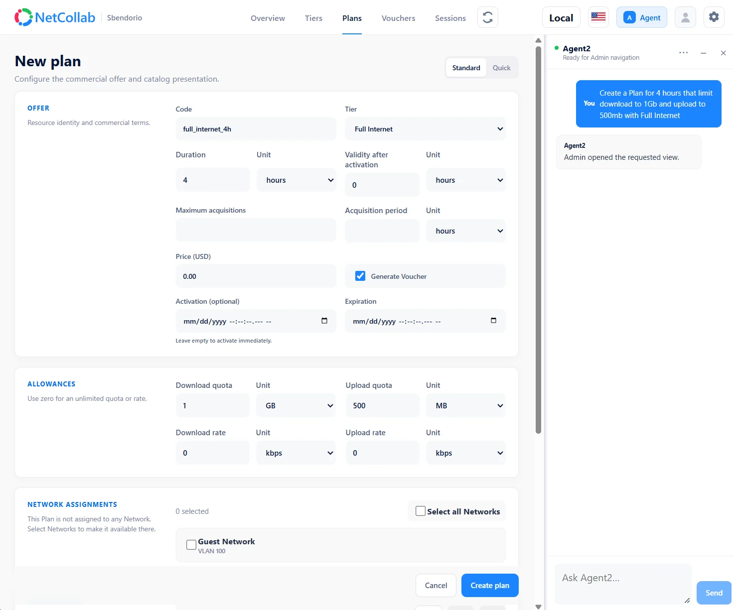 AI Agent-Panel neben einem neuen Vier-Stunden-Plan mit einem Download-Kontingent von einem Gigabyte und einem Upload-Kontingent von 500 Megabyte.