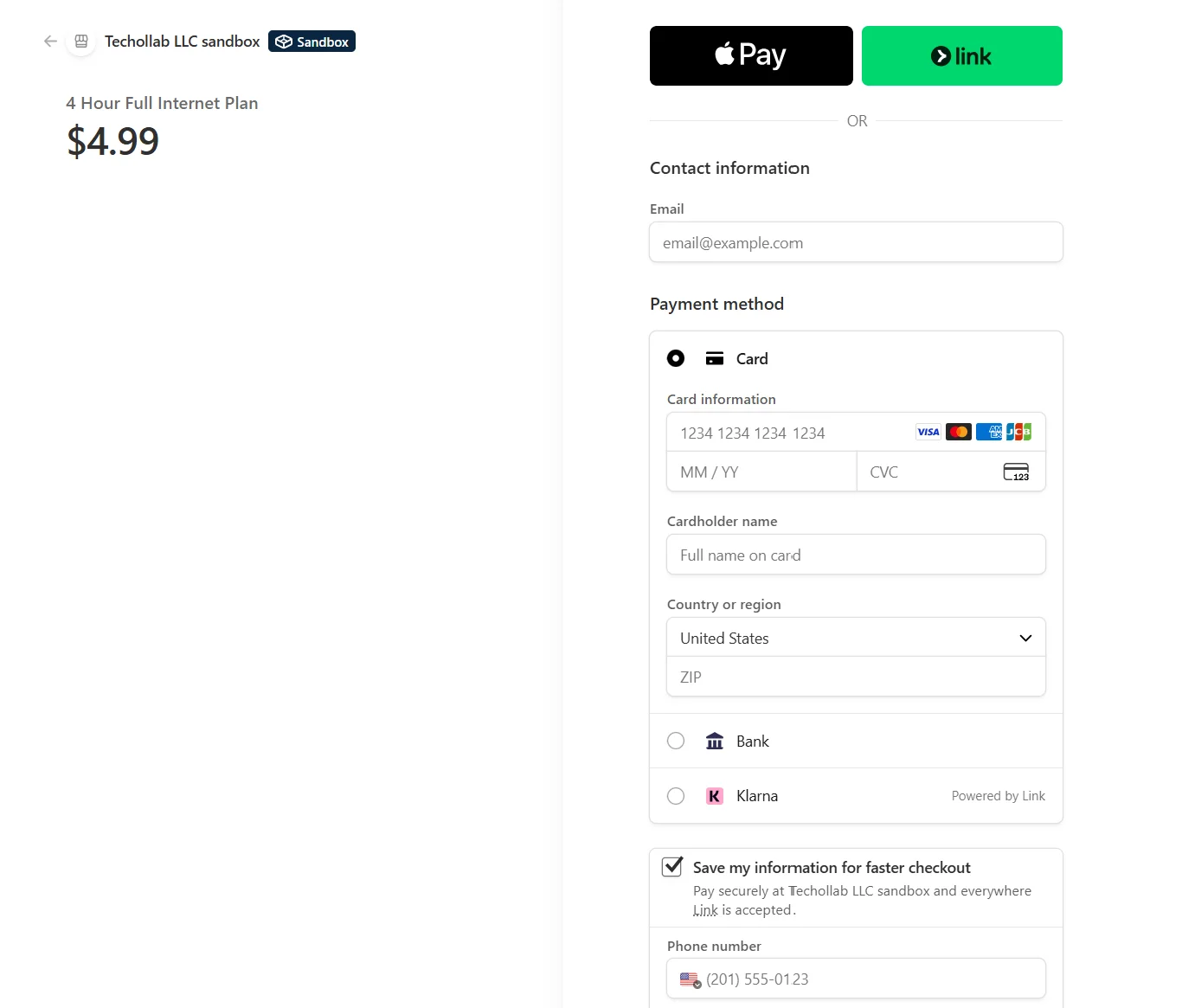 Stripe-Sandbox-Checkout für einen Beispiel-Internetplan für vier Stunden mit Kontakt- und Zahlungsfeldern.