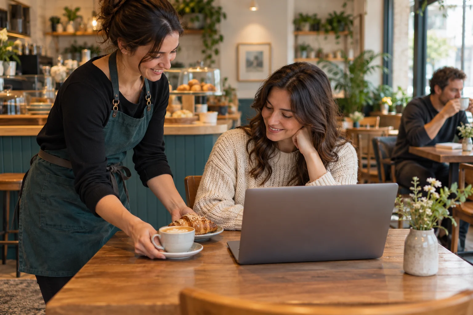 Illustration eines Café-Kellners, der einem Gast, der an einem Laptop arbeitet, Kaffee bringt.