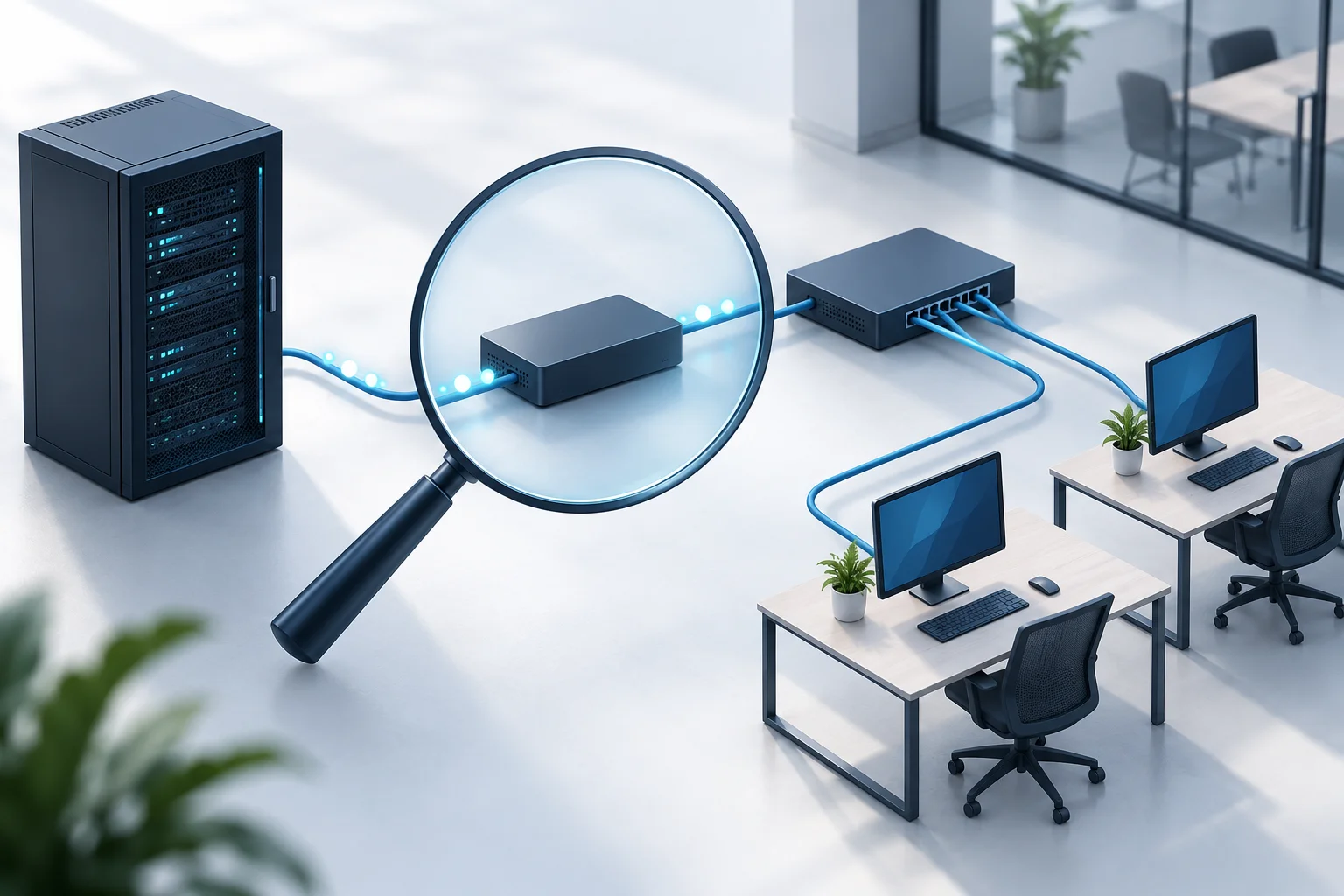 Konzeptionelle Darstellung einer Lupe, die einen Teil eines Netzwerks zwischen Servern und Workstations hervorhebt.