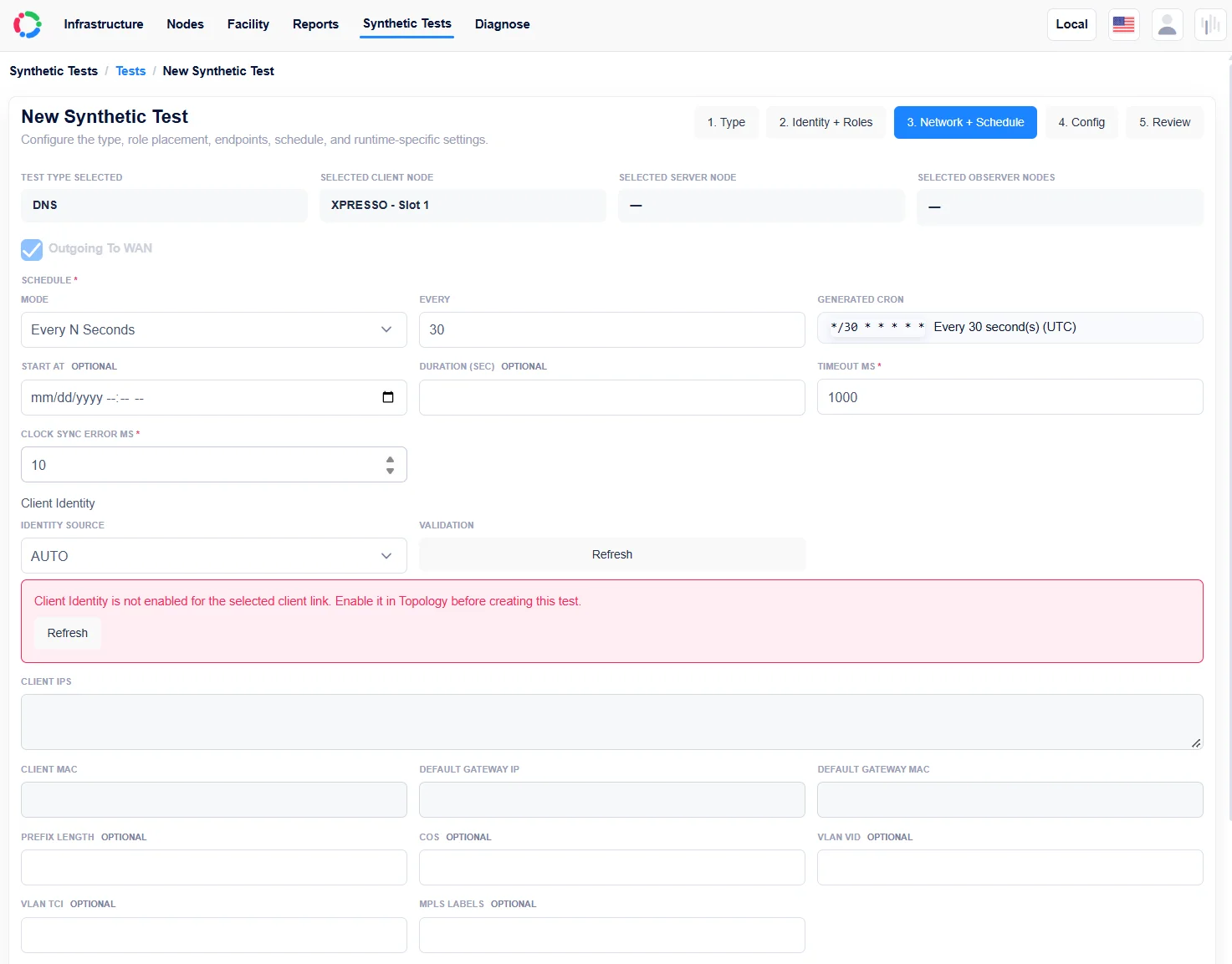 DNS-Synthesetest-Setup mit Knotenauswahl, Zeitplan, Dauer und einer Warnung zur Client-Identitätskonfiguration.