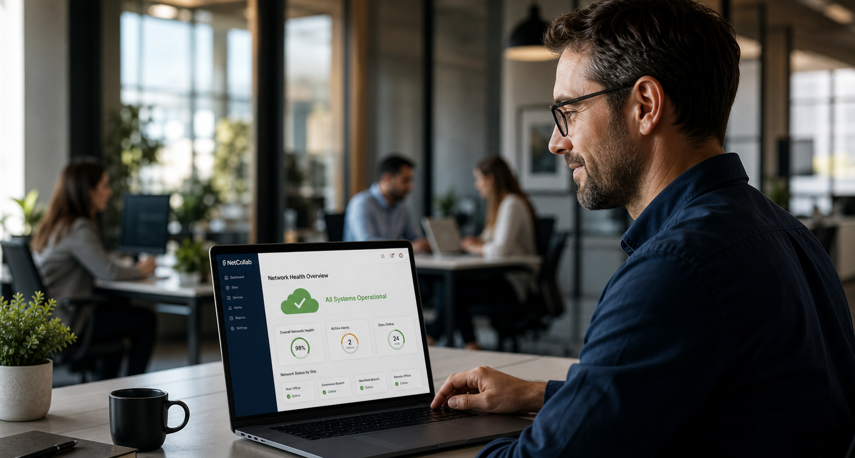 Confident IT professional viewing a stable green NetCollab dashboard in a productive small-business office.