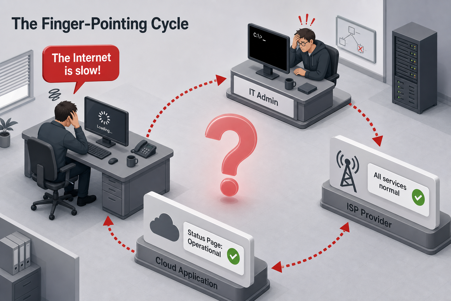 Finger-pointing troubleshooting cycle between employee complaint, IT admin, ISP provider, and cloud application status.