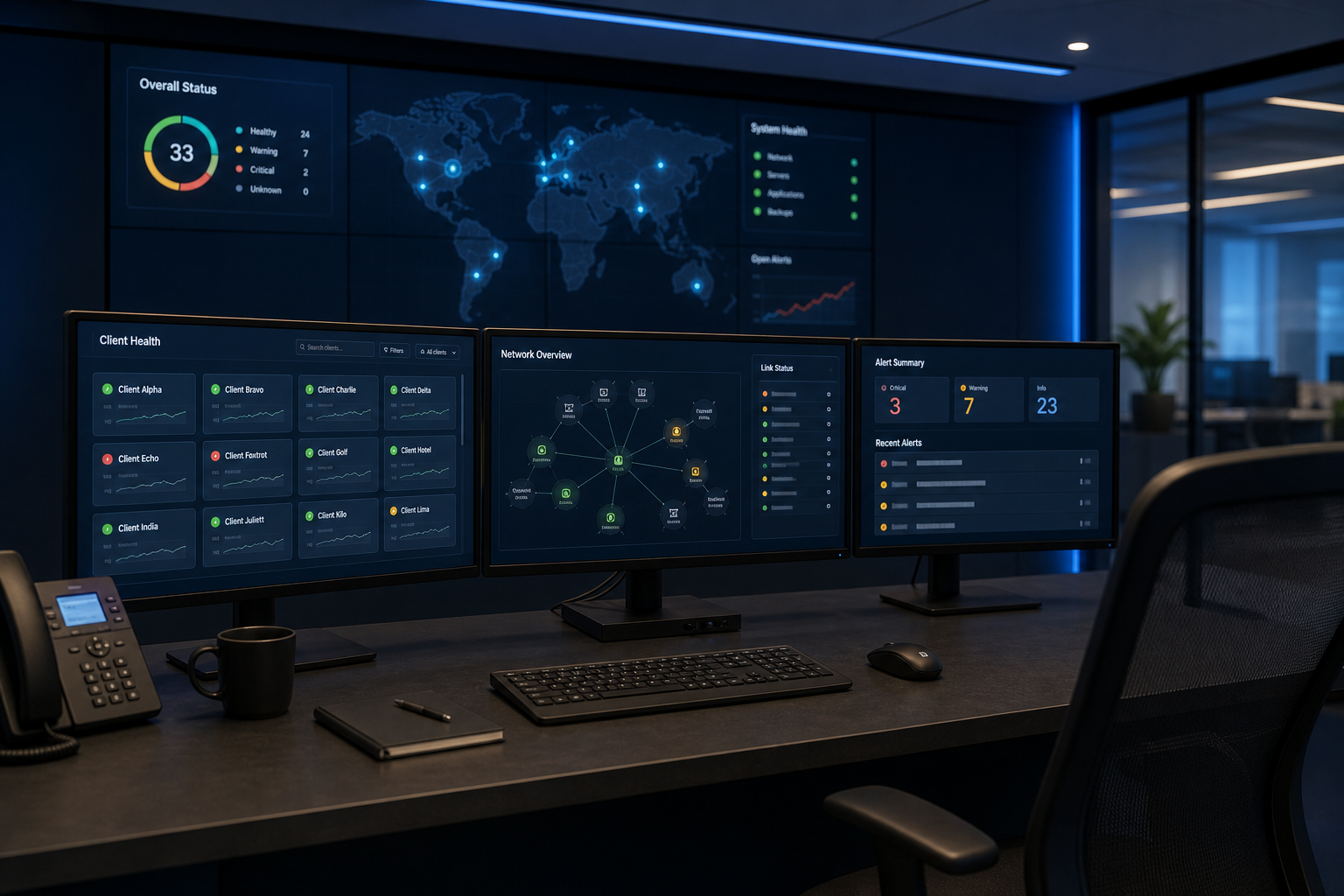 IT helpdesk operator receiving a network performance complaint while reviewing monitoring information.