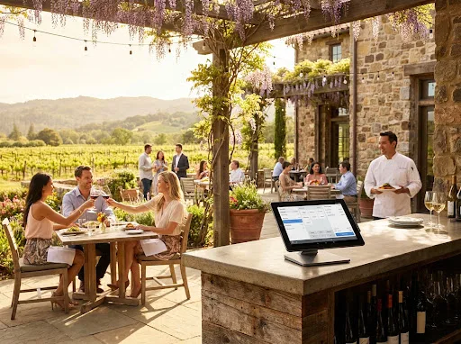 Terrazza soleggiata di un vigneto con tavoli all’aperto